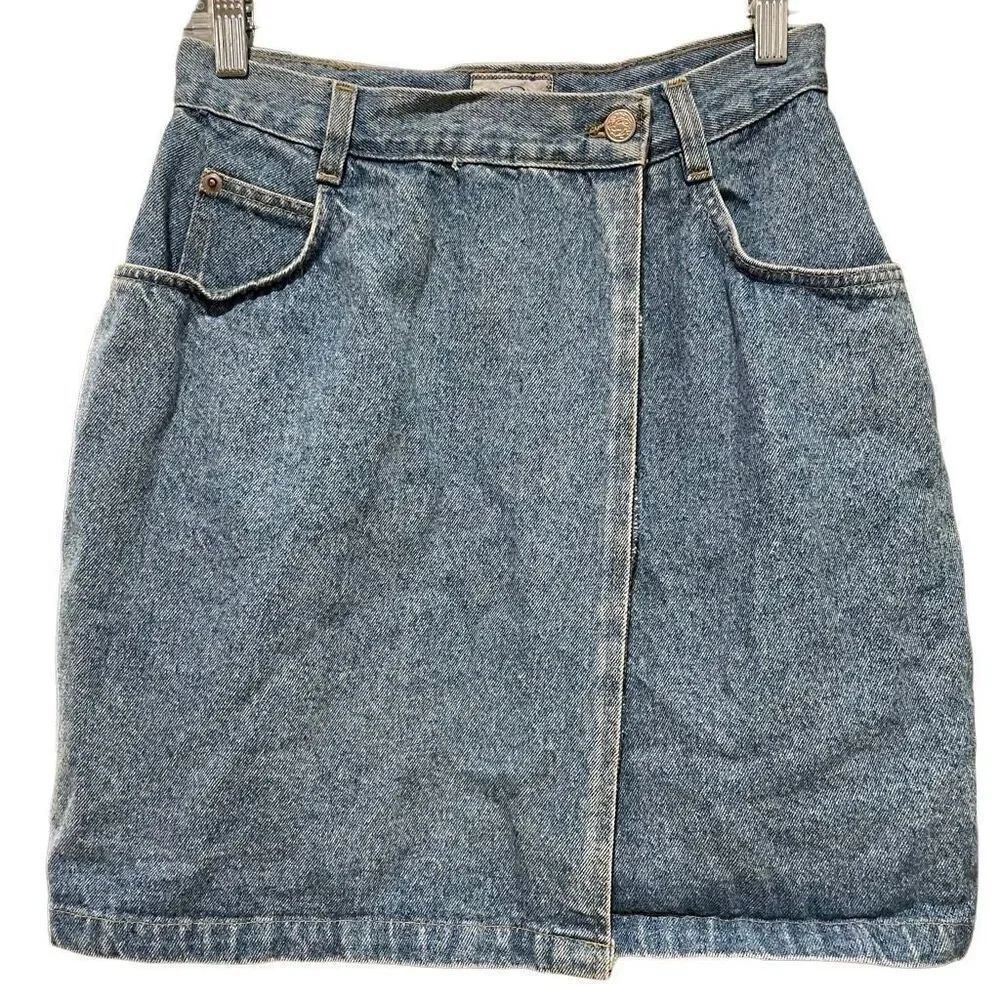 True Blue Denim Skirt Juniors 9/10 Wrap Mini Rigid Light Blue Jean Retro Y2K